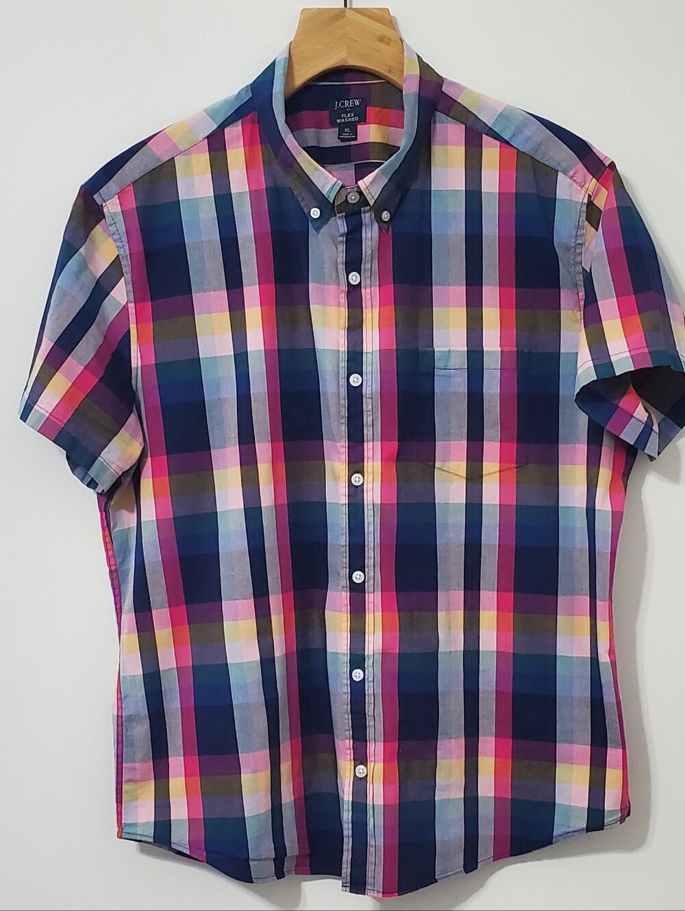 J. Crew Flex Short Sleeve Button Down Slim Fit Shirt Plaid Mens XL